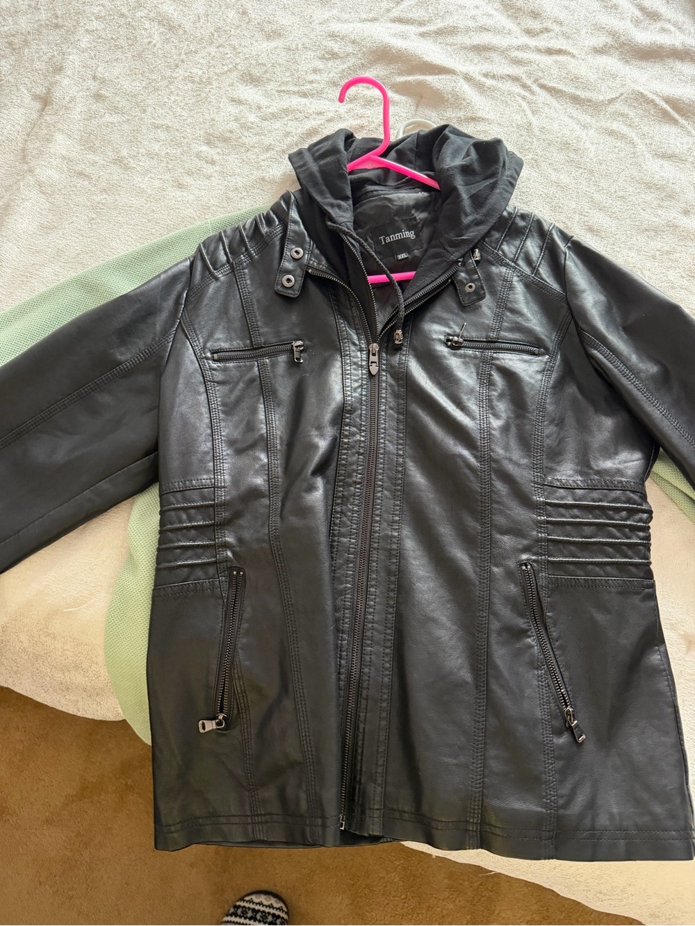 Black Faux Leather Hooded Jacket